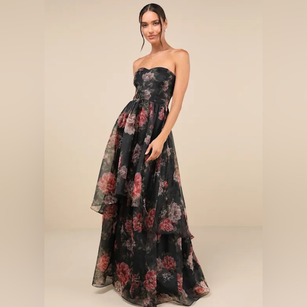 NWT Black Floral Organza Strapless Elegant Gown wedding guest gala Maxi Dress